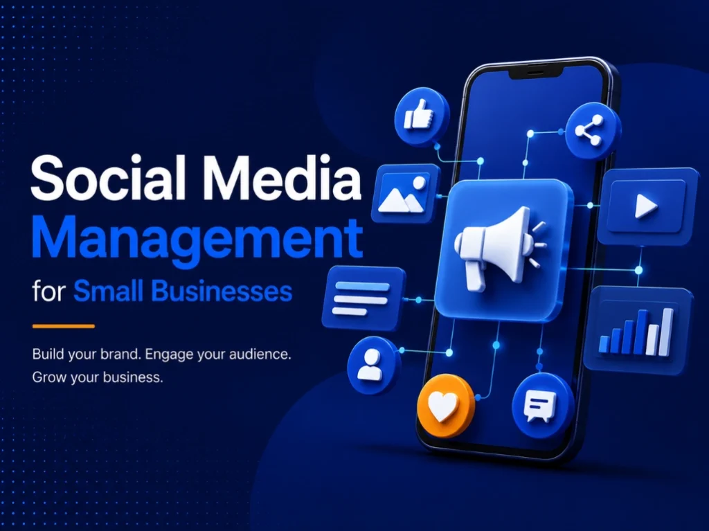 3D illustration of smartphone with social media icons and analytics dashboard representing social media management for small businesses, showcasing social media management services offered by a social media management agency to grow brand engagement and online presence.