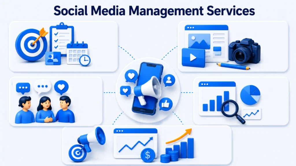 Infographic showcasing social media management services for social media management for small businesses, including strategy planning, content creation, community engagement, analytics reporting, and campaign growth offered by a professional social media management company with customized social media management packages and transparent social media management pricing.