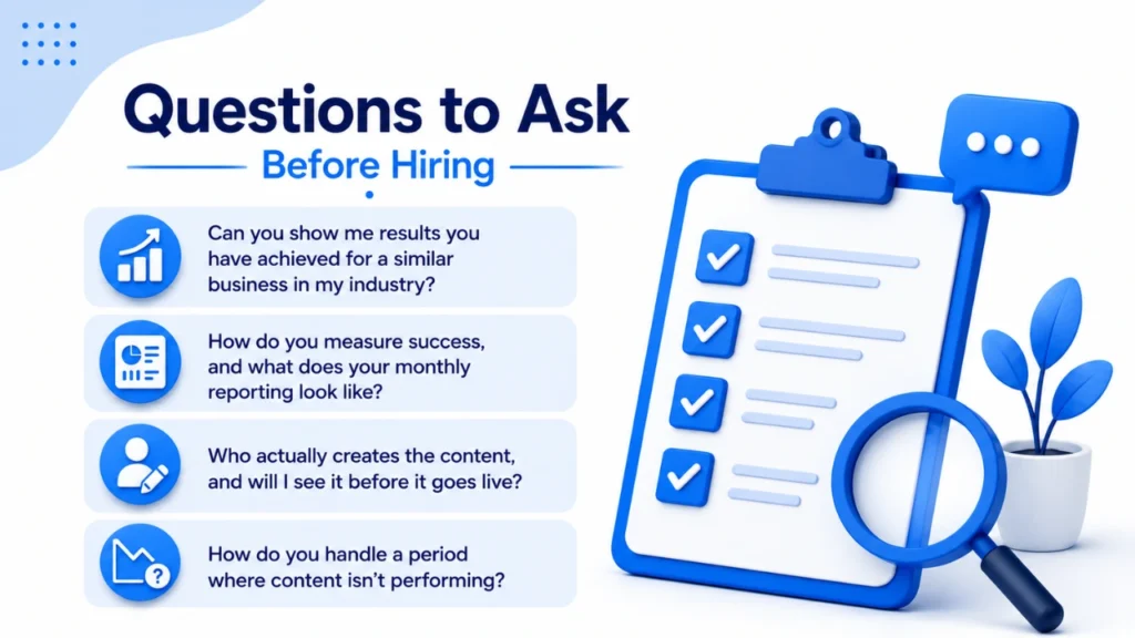 Checklist infographic showing important questions to ask before hiring a provider for social media management for small businesses, including experience, reporting, content creation, and performance tracking from a social media management agency offering professional social media management services and transparent social media management pricing.