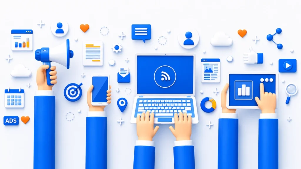 3D illustration of digital marketing tools including advertising, mobile engagement, analytics dashboards, content distribution, and audience targeting, representing social media management for small businesses through professional social media management services, campaign optimization, and data-driven strategies from a social media management company.