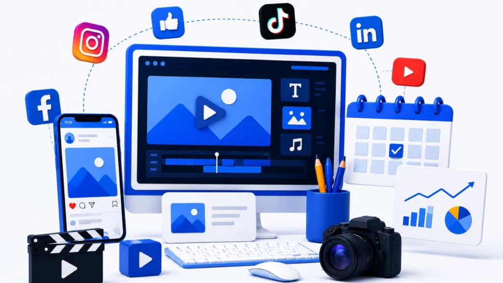 3D illustration of content creation tools, social media platforms, publishing calendar, and performance analytics representing social media management for small businesses, featuring content production, scheduling, and reporting as part of professional social media management services offered by a social media management agency with flexible social media management pricing options.