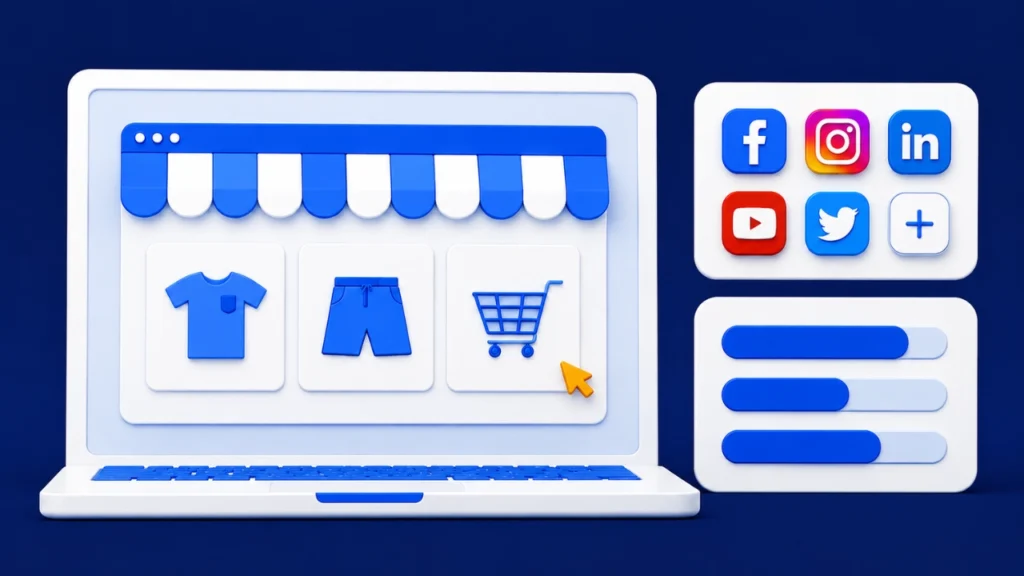 3D illustration of an eCommerce website connected to Facebook, Instagram, LinkedIn, YouTube, and Twitter, showcasing social media management for small businesses to promote products, drive online sales, and deliver results through professional social media management services from a social media management company.